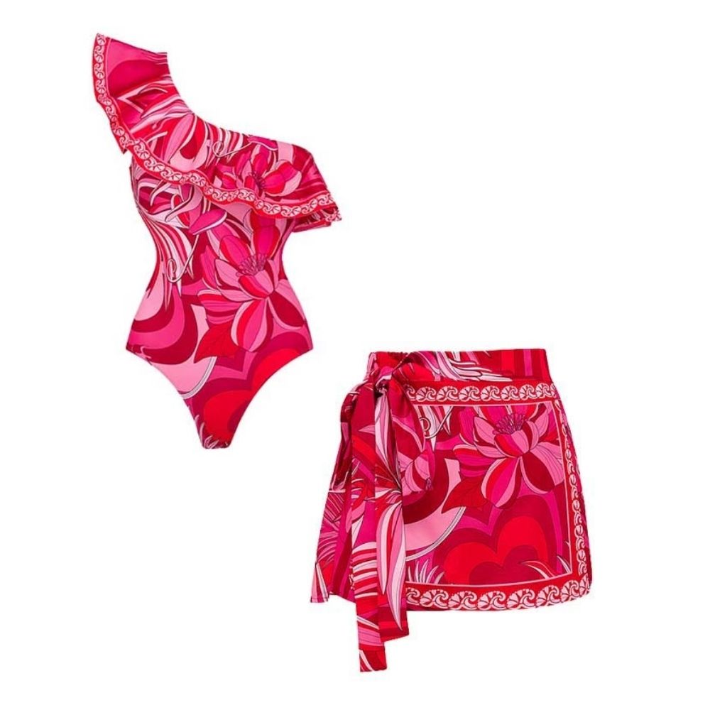 One Shoulder Ruffle Printed One Piece Swimsuit and  Sarong or Shorts