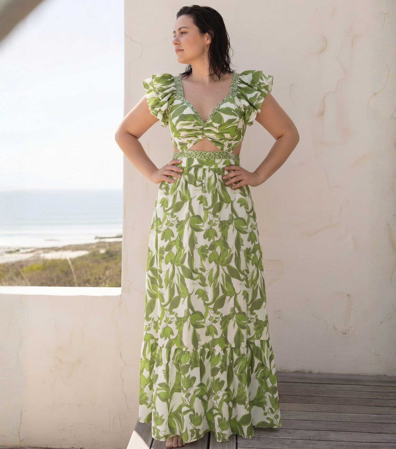 Plus Size Ruffle V Neck Green Print Cut Out Swimsuit Set(s)