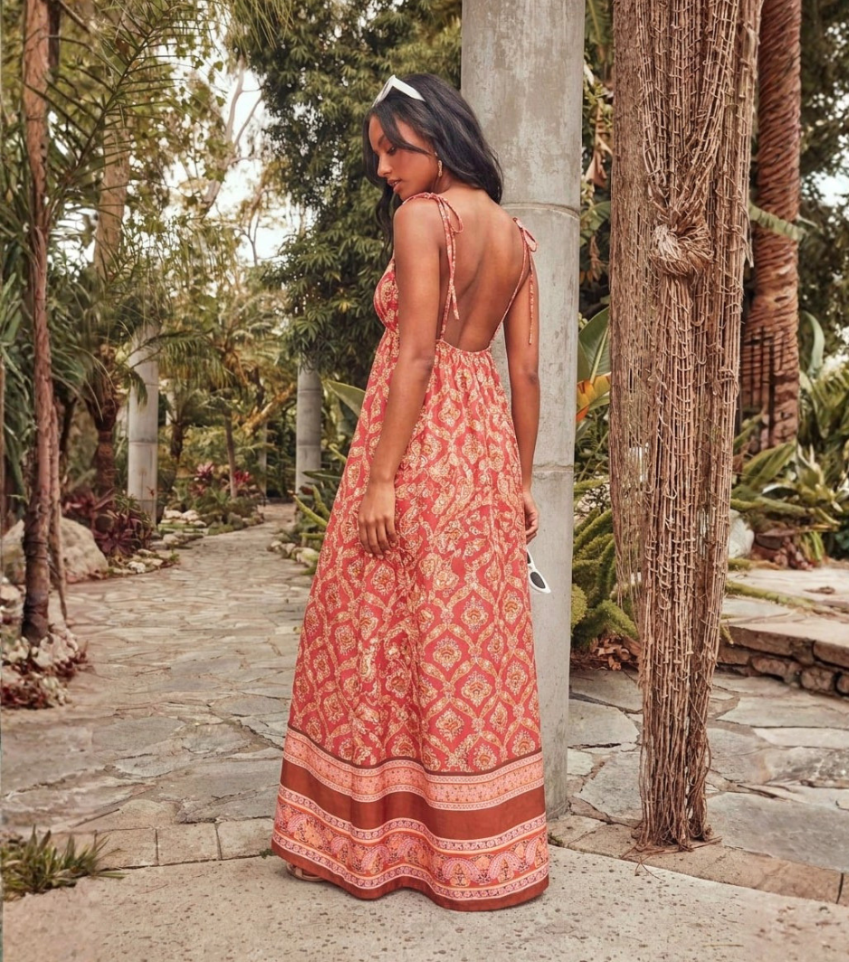 Red Ethnic Geometric Tie-Strap Flowy Maxi Dress