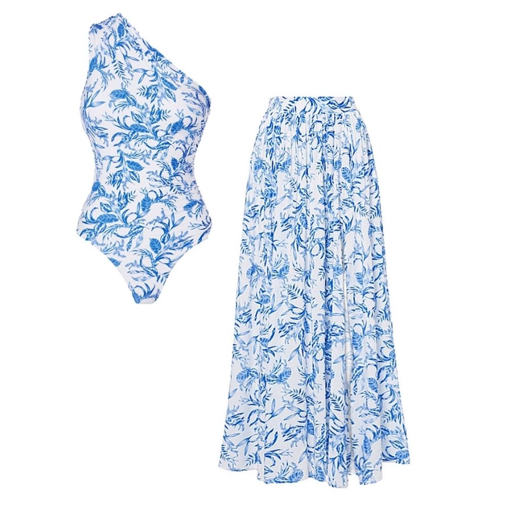 Oblique Shoulder Printed One Piece Swimsuit and Skirt
