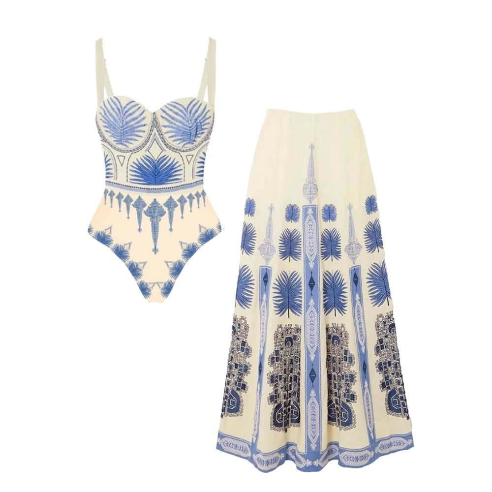 Blue Ethnic Print One Piece Swimsuits and Skirt Flaxmaker