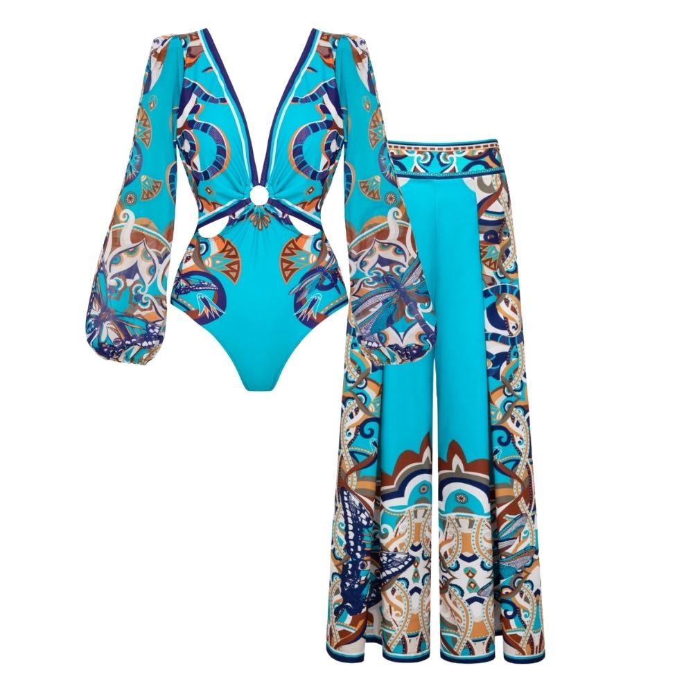 Butterfly and Dragonfly Long Sleeve Hollow Print One Piece Swimsuit and Skirt