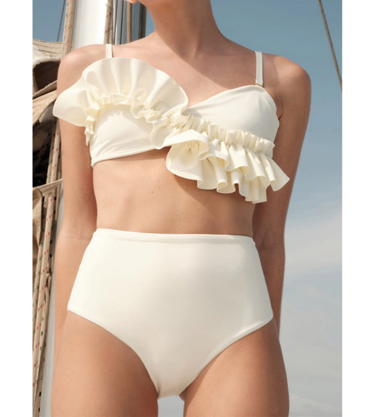 Ruffled Detail White High Waist Bikini Swimsuit and Sarong Flaxmaker