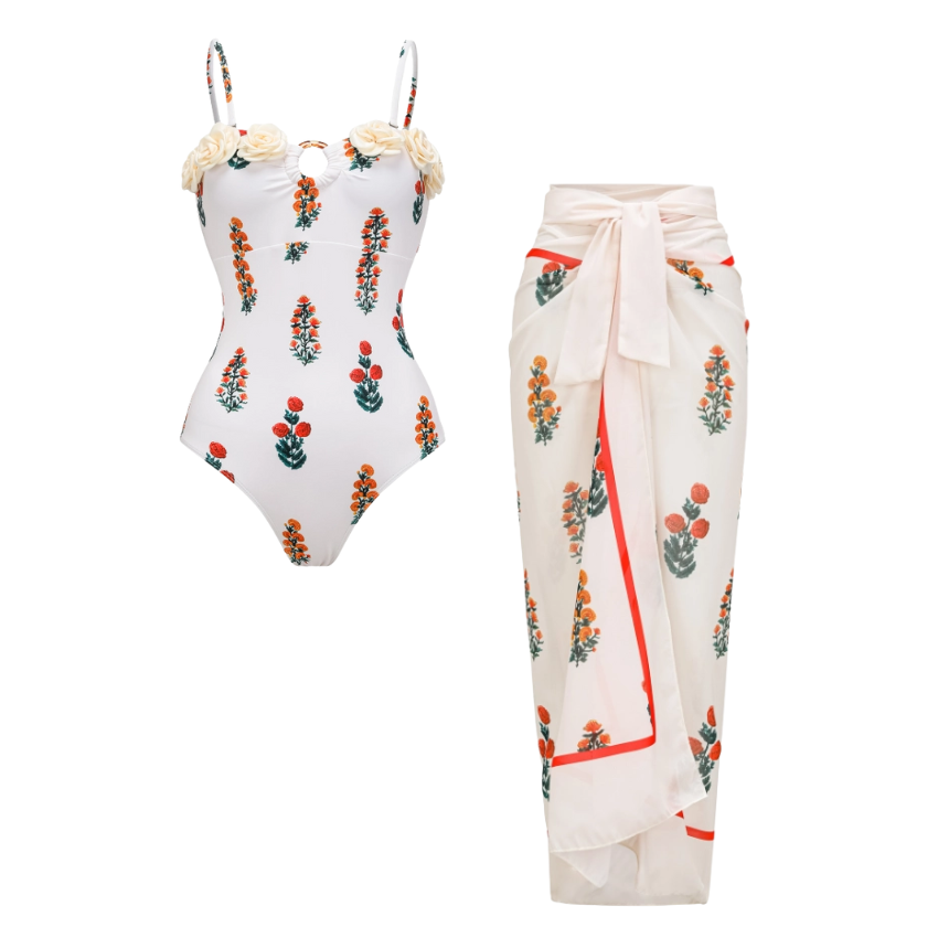 Flaxmaker Flower decor Printed One Piece Swimsuit and Sarong