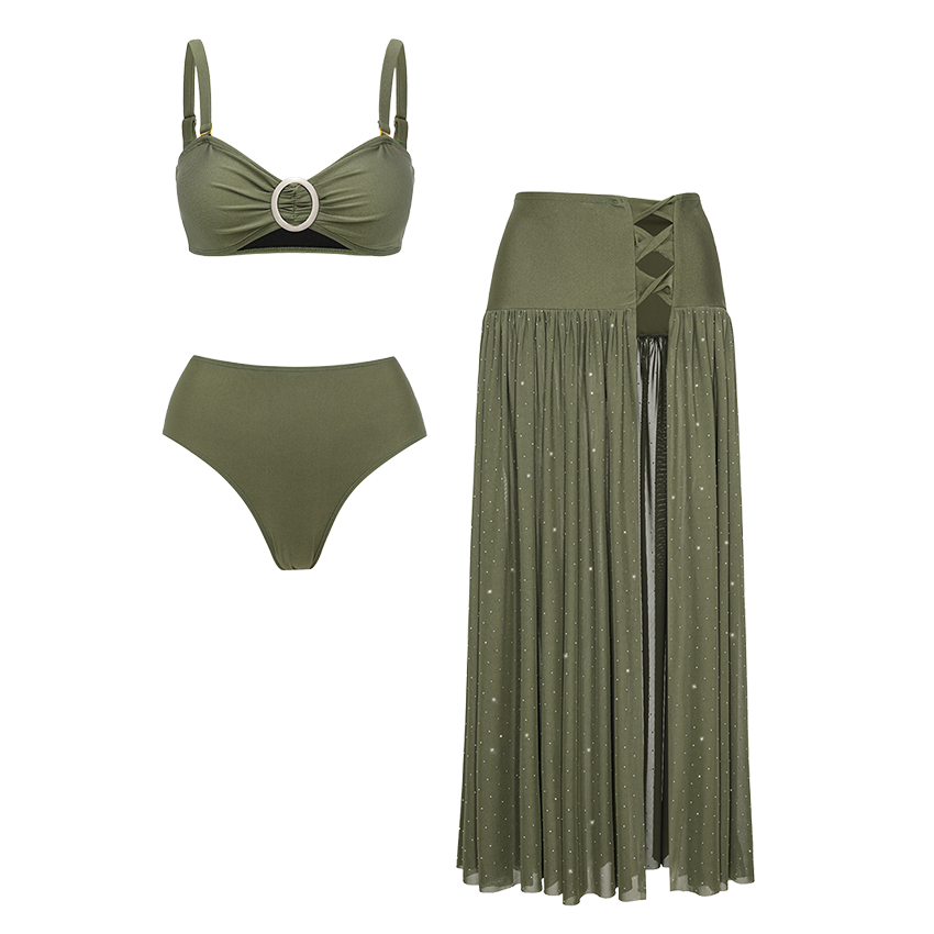 Dark Olive Green Rhinestones Swimsuit Set(s)