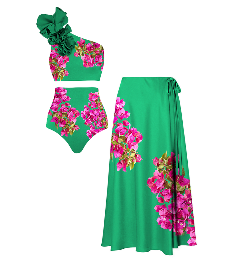 Pink Bougainvillea Flower Printed Bikini Swimsuit and Skirt Flaxmaker