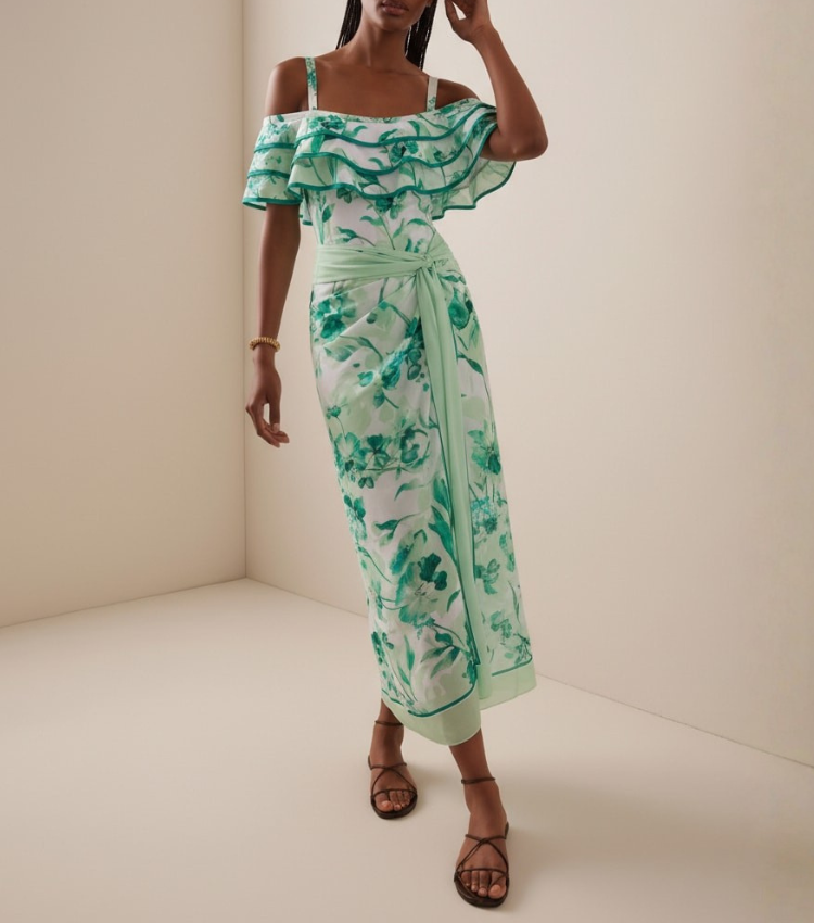 Green Loral Rint Tiered Ruffle Off-The-Shoulder Swimsuit Set(s)