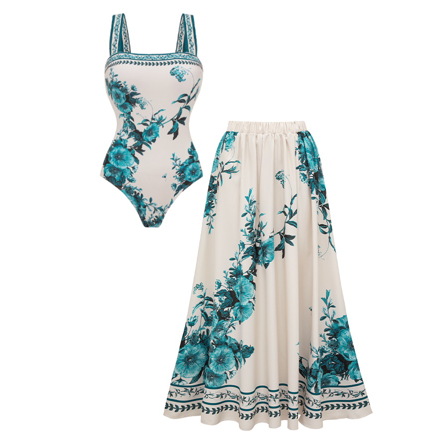 Dark Cyan Botanical Flower Print Swimsuit Set(s)