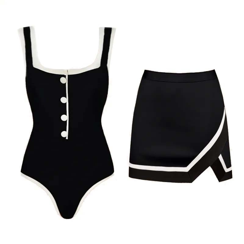 White and Black Colorblock One Piece Swimsuit and Skirt