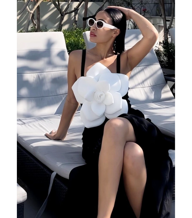 3D Flower Sling Color Block One Piece Swimsuit and Skirt Flaxmaker