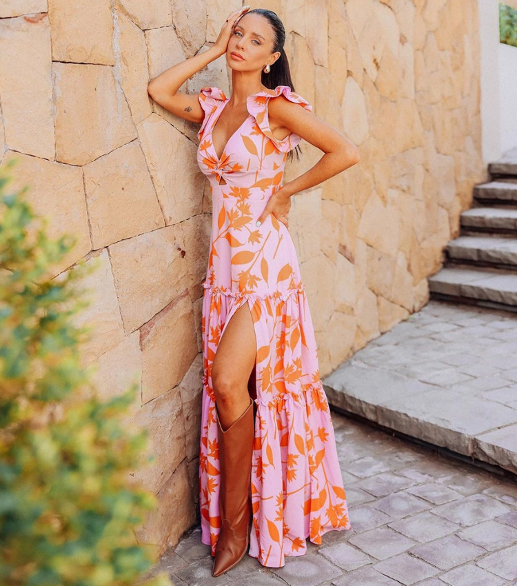 Ruffled V Neck Pink One Piece Swimsuit and Side Slit Skirt Flaxmaker