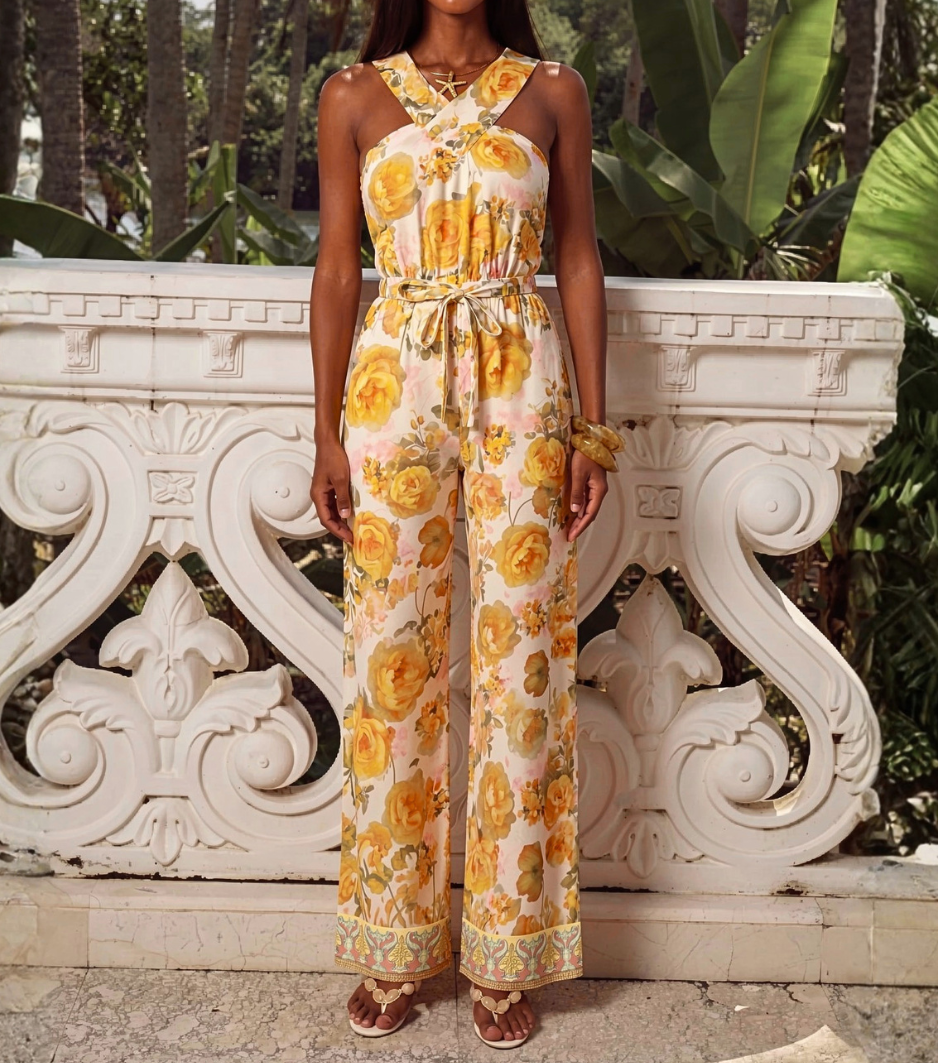 Yellow Rose Floral Cross Halter Wide Leg Jumpsuit