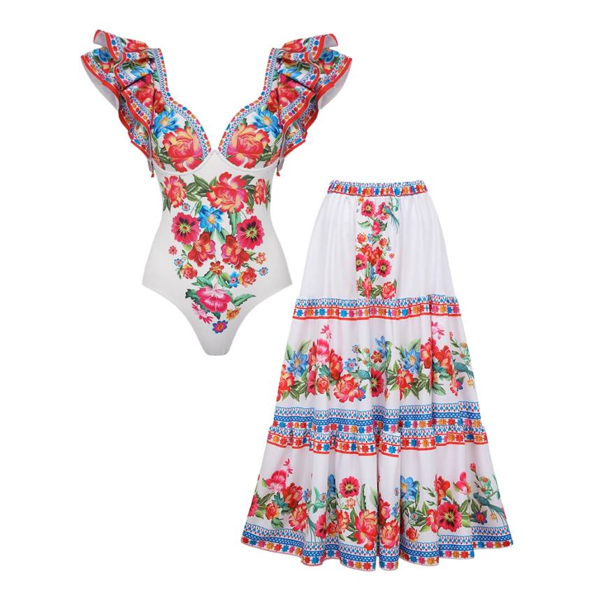 V Neck Ruffle Shoulder Embroidery Pattern Printed  One Piece Swimsuit and Skirt Flaxmaker
