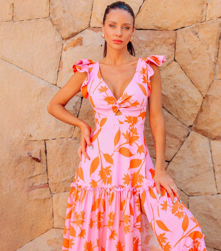 Ruffled V Neck Pink One Piece Swimsuit and Side Slit Skirt Flaxmaker