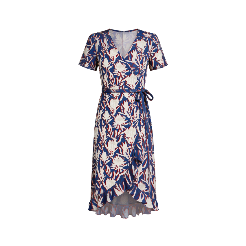 Blue Block Print Wrap Ruffle Midi Dres