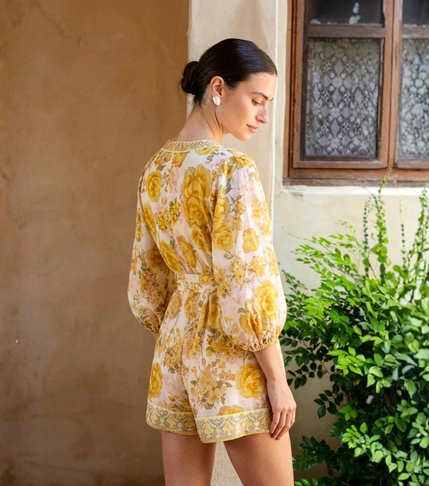 Yellow Rose Floral Puff Sleeve V-Neck Rompe