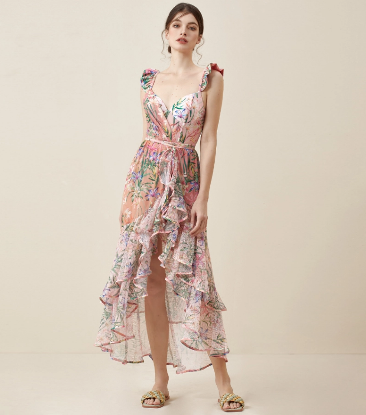 Floral Print One Piece Swimsuit and Mesh Splicing Skirt Flaxmaker