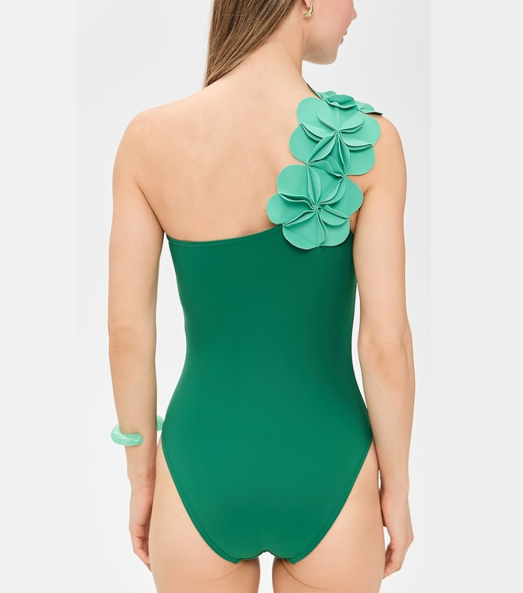 Oblique Shoulder 3D Flower One Piece Swimsuit and Skirt