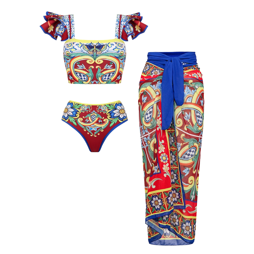 Ruffle Printed  Bikini Swimsuit and Skirt Flaxmaker