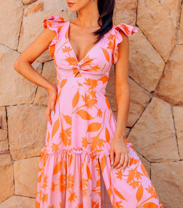 Ruffled V Neck Pink One Piece Swimsuit and Side Slit Skirt Flaxmaker
