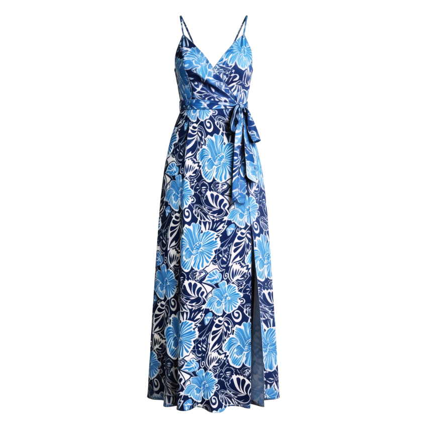 Blue Floral Wrap Spaghetti Strap Maxi Dress