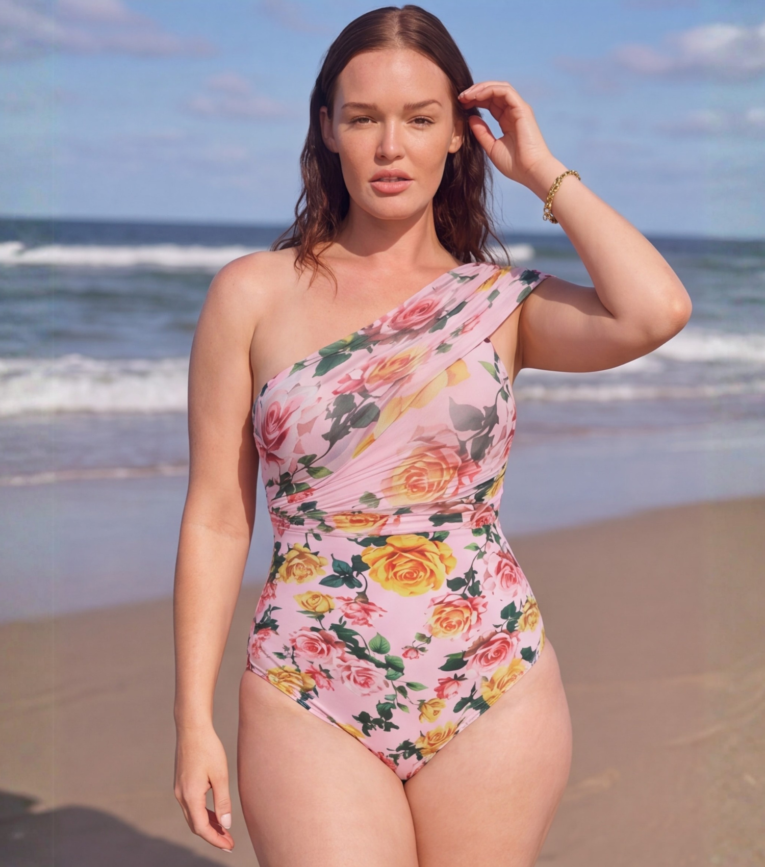 Plus Size Rose One Shoulder One Piece Swimsuit and Skirt
