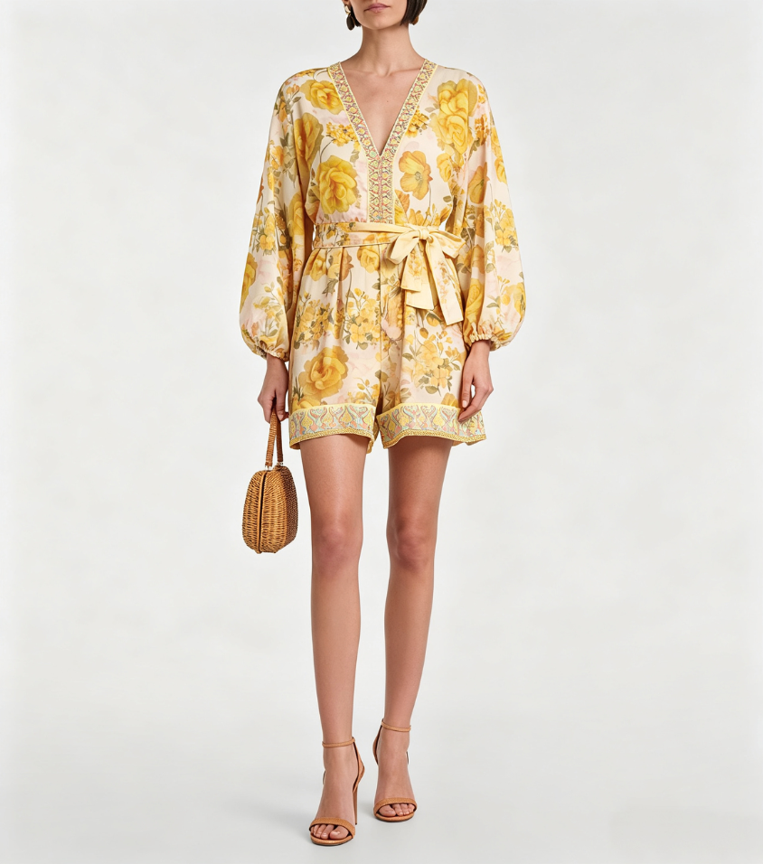Yellow Rose Floral Puff Sleeve V-Neck Rompe