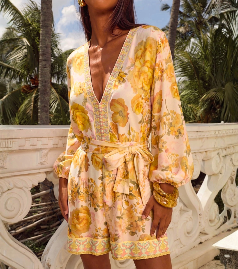 Yellow Rose Floral Puff Sleeve V-Neck Rompe