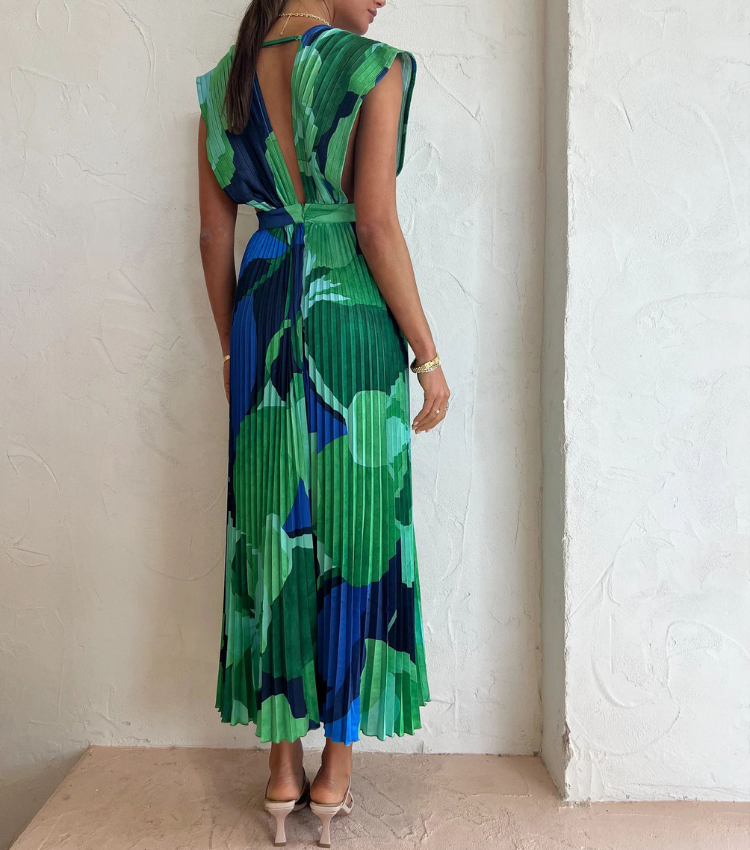 Pleated V Neck Color Block Printed Dress