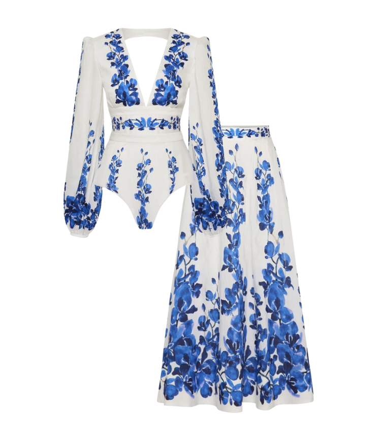 Printed Long Sleeve One Piece Swimsuit and Skirt