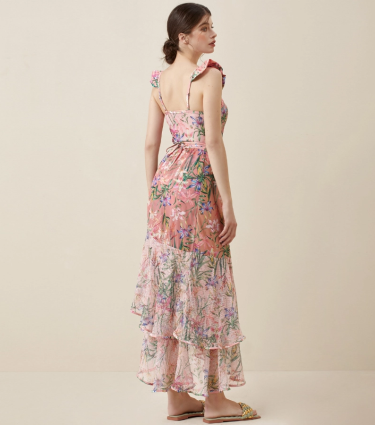 Floral Print One Piece Swimsuit and Mesh Splicing Skirt Flaxmaker