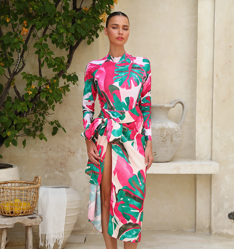 Abstract Rose Red Contrast Print Long sleeve  One Piece Swimsuit and Skirt