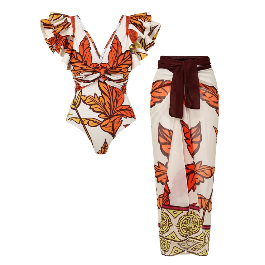 V Neck Ruffle Shoulder Tropical Plant Pattern Printed  One Piece Swimsuit and Sarong Flaxmaker