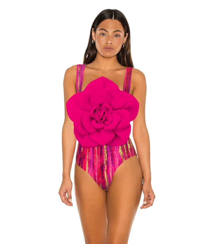 3D Flower Sling Color Block One Piece Swimsuit and Skirt Flaxmaker