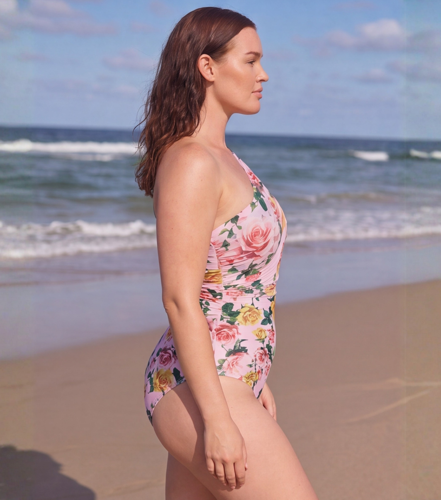 Plus Size Rose One Shoulder One Piece Swimsuit and Skirt