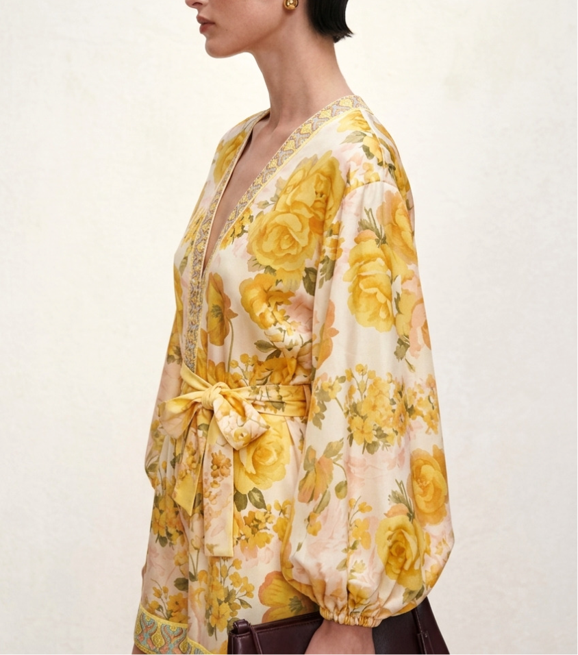 Yellow Rose Floral Puff Sleeve V-Neck Rompe