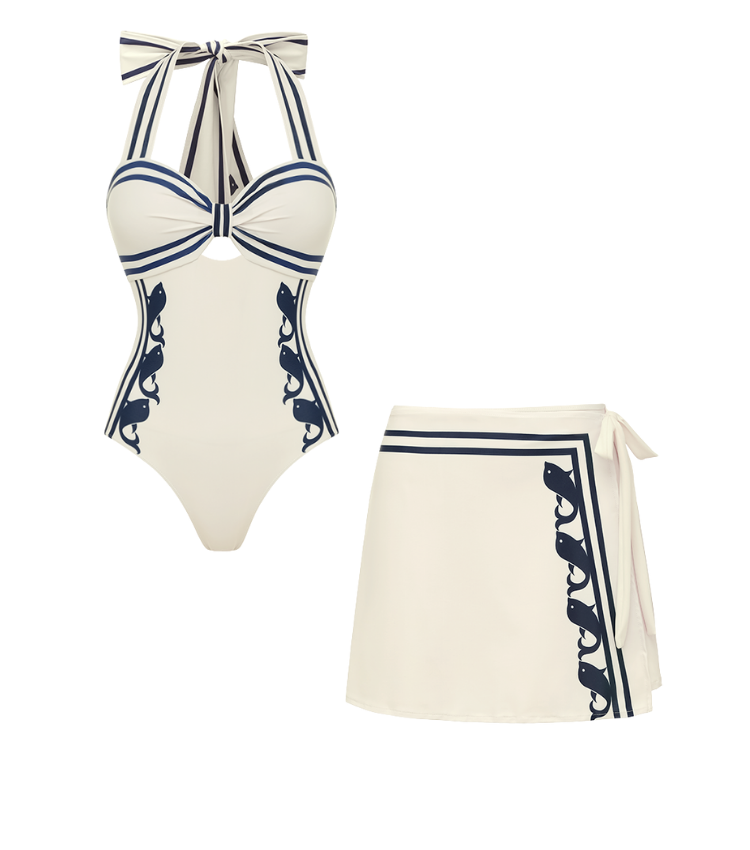 Navy Style Printed Bow Tie Decor One Piece Swimsuit and Skirt
