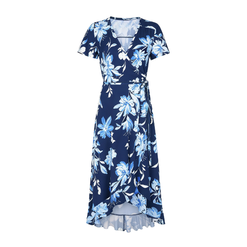 Blue Floral Short Sleeve Wrap Midi Dress