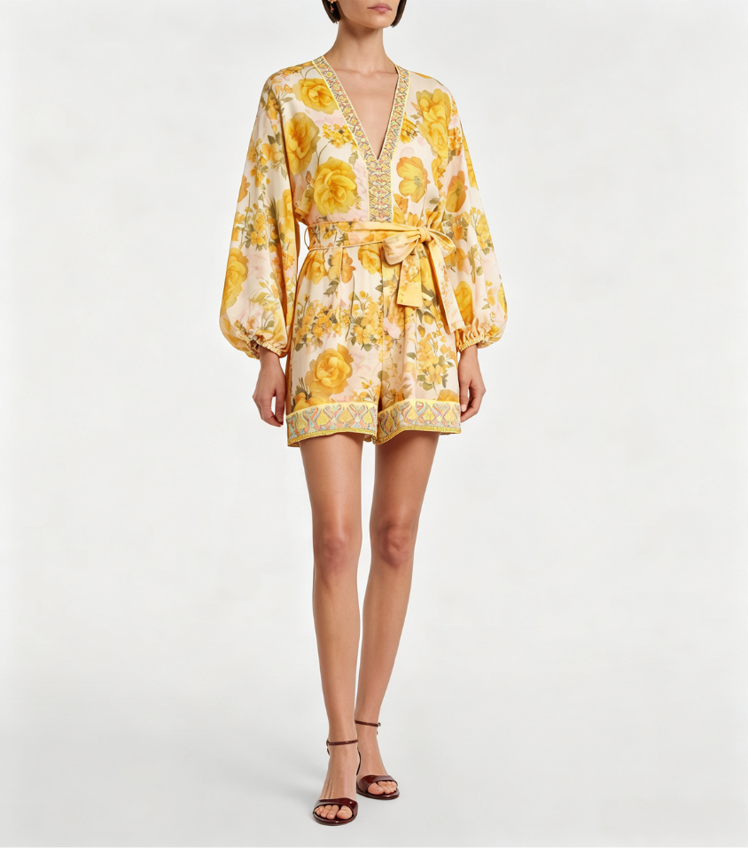 Yellow Rose Floral Puff Sleeve V-Neck Rompe
