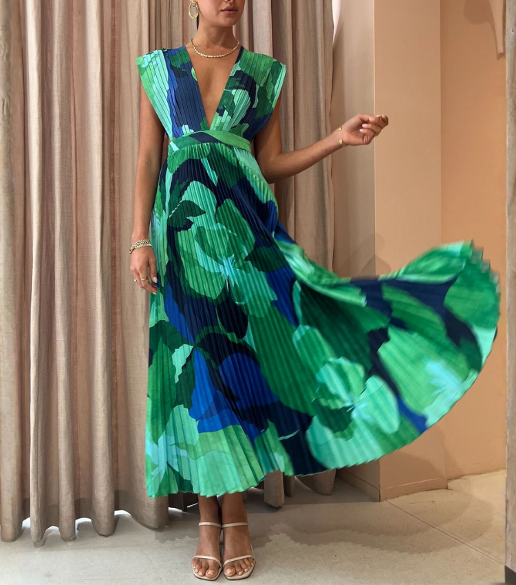 Pleated V Neck Color Block Printed Dress