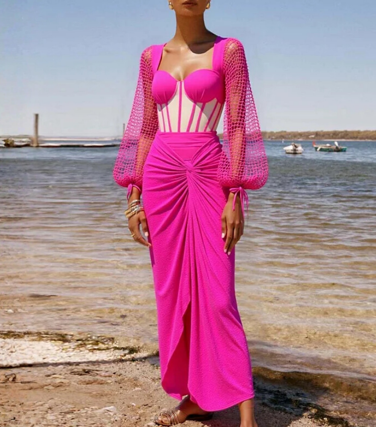 Mesh Hollow Long-sleeved Net Yarn Splicing One Piece Swimsuit and Sarong