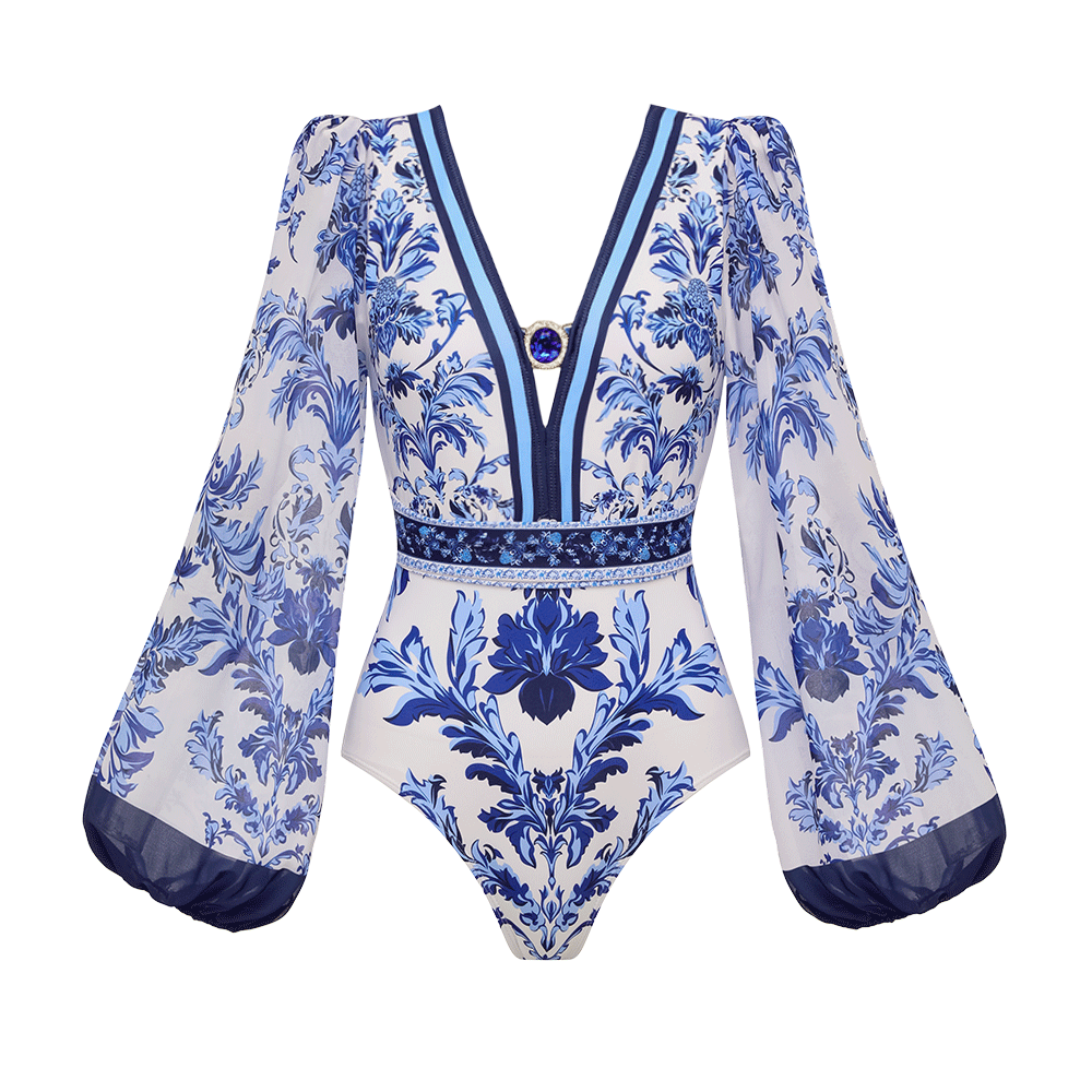 Long Sleeve Flower Color Block Print One Piece Swimsuit and Skirt/Pants