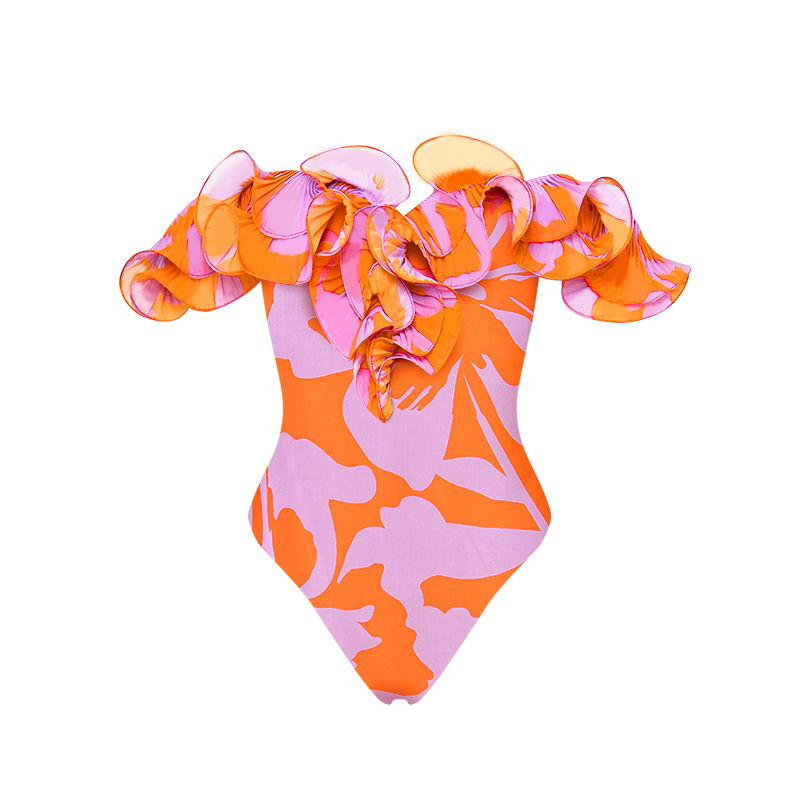 Off Shoulder Ruffled Printed One Piece Swimsuit and Skirt Flaxmaker