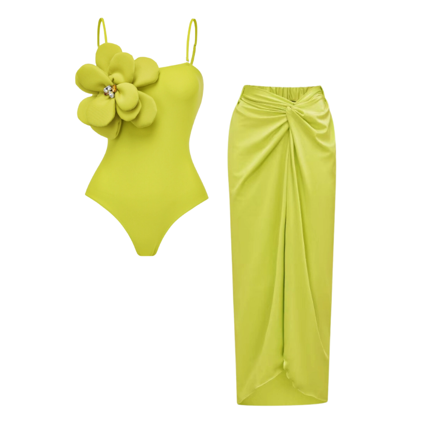 Hand-stitched 3D Flower One Piece Swimsuit and Sarong Flaxmaker