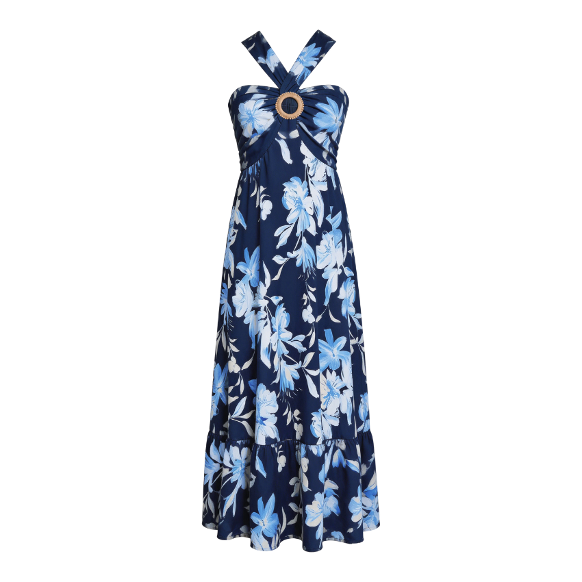 Blue Floral Halter Tiered Maxi Dress