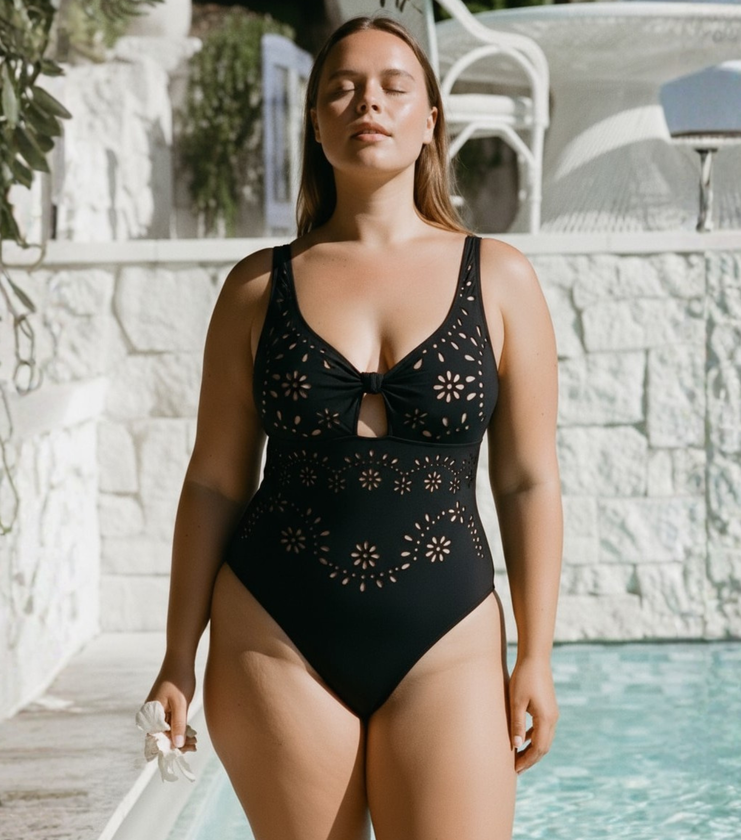 Plus Size Bowknot Hollow One Piece Swimsuit and Skirt