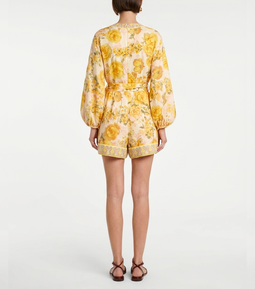 Yellow Rose Floral Puff Sleeve V-Neck Rompe