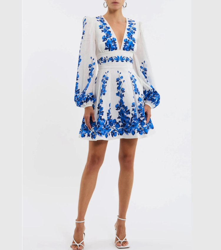 Printed Long Sleeve One Piece Swimsuit and Skirt