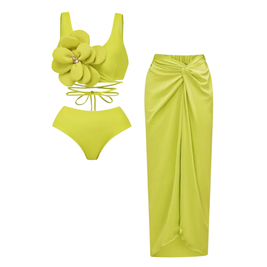 Lace-up Hand-stitched 3D flowers Bikini Swimsuit and Sarong