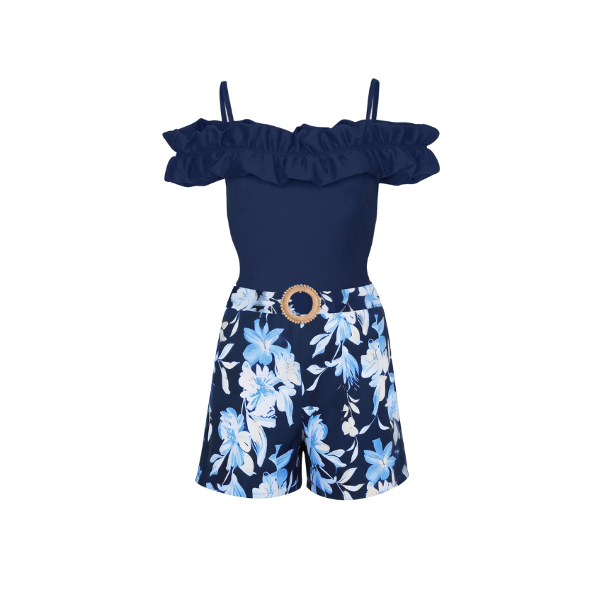 Blue Floral Ruffle Off-Shoulder Romper
